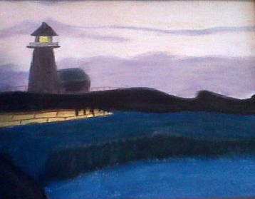 painting of a lighthouse and ocean