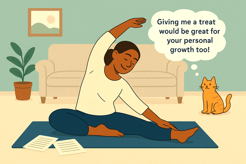 Woman practicing a gentle yoga stretch at home with a cat nearby and worksheets on the floor, symbolizing personal growth and wellness.